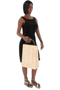 Realistic 3D model of a person standing in a black dress with a large shoppin Stock Illustration