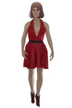 Realistic 3D model of a person standing in a low-cut red dress and red ankle Illustrazione stock