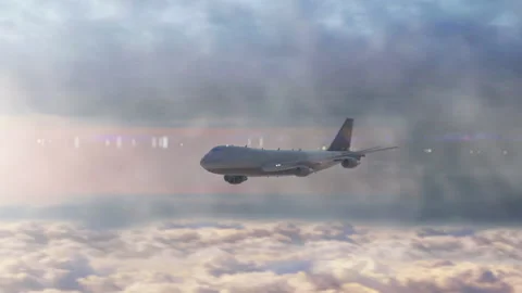 Realistic 3D plane flight above clouds motion graphics video Stock Footage 235660975