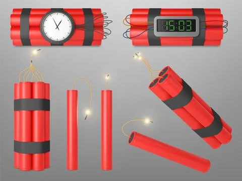 Realistic 3d red dynamite bombs. Detonator tnt bomb and explosive dynamites with イラスト素材