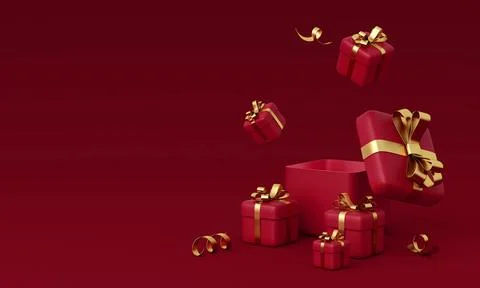 Realistic 3d red gift boxes on a red background. 3d rendering Stock Photos