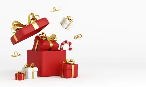 Realistic 3d red gift boxes on a white background. 3d rendering Stock Photos