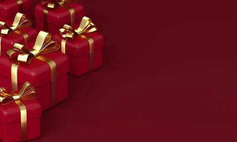 Realistic 3d red gift boxes on a red background. 3d rendering Stock Photos