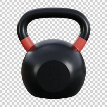 A realistic 3D render of a black kettlebell with small red accents on the h.. Illustration