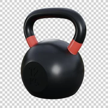 A realistic 3D render of a black kettlebell with small red accents on the h.. Stock Illustration