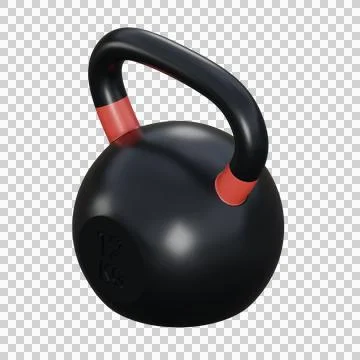 A realistic 3D render of a black kettlebell with small red accents on the h.. Stock Illustration