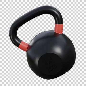 A realistic 3D render of a black kettlebell with small red accents on the h.. Stock Illustration