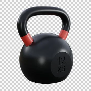 A realistic 3D render of a black kettlebell with small red accents on the h.. Stock Illustration