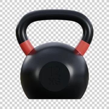 A realistic 3D render of a black kettlebell with small red accents on the h.. Illustration
