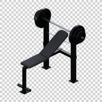 A realistic 3D render of a black weight bench with a barbell on top Stock Illustration