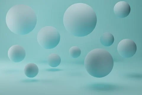 Realistic 3d render with blue flying bubbles spheres on pastel background 스톡 일러스트