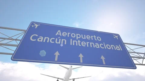 Realistic 3D render of blue sign near Cancun International Airport with plane Stock Footage 320027014