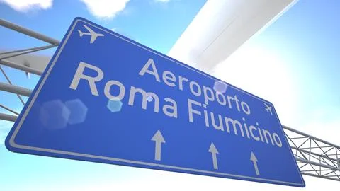 Realistic 3D render of blue sign near Rome Fiumicino Airport with passenger jet Stock Illustration