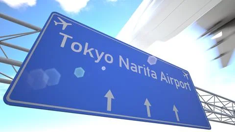 Realistic 3D render of blue sign near Tokyo Narita Airport with jet taking off Stock Illustration