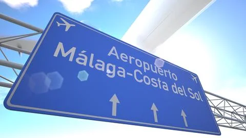 Realistic 3D render of blue sign near Malaga Costa del Sol Airport with aircraft Ilustração Stock