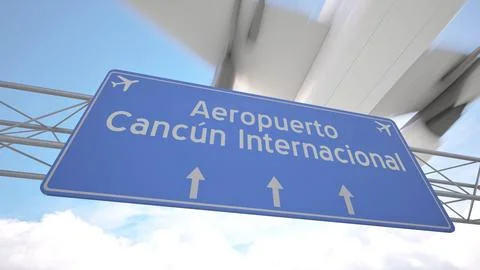 Realistic 3D render of blue sign near Cancun International Airport with plane Stock Illustration