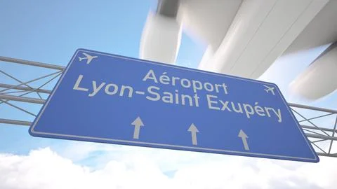 Realistic 3D render of blue sign near Lyon Saint Exupery Airport with plane Stock Illustration