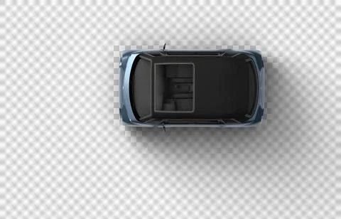 Realistic 3D render of a bluish-gray colored small electric car, top down 9.. Stock Illustration