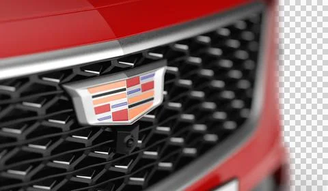 Realistic 3D render close-up of the front logo on a red 2025 Cadillac CT5, .. Stock Illustration