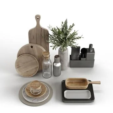 Realistic 3d render of kitchen cooking utensils on the white background Illustrazione stock