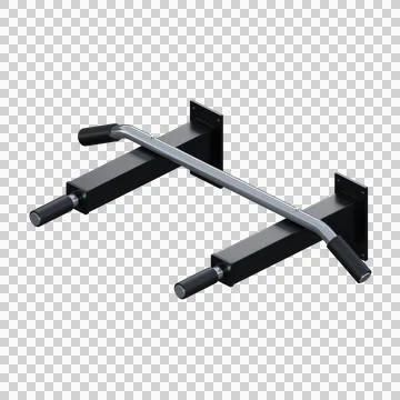 A realistic 3D render of a metal pull-up bar with black and silver finish. Illustration