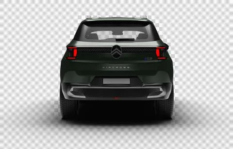 Realistic 3D render of a military green 2025 Citroen C3 Aircross, full rear.. Stock Illustration