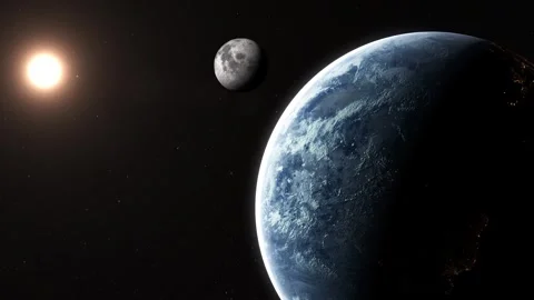 Realistic 3D Render of Planet Earth, Moon and Sun in Deep Space Vídeo Stock 341870493