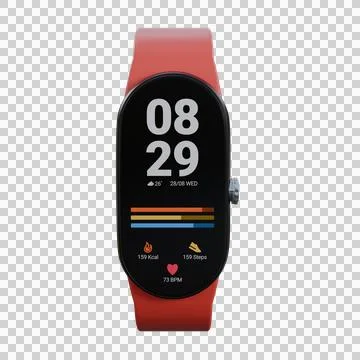 A realistic 3D render of a red smartwatch designed for fitness and exercise. Stock Illustration