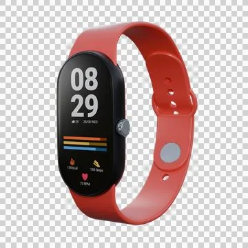 A realistic 3D render of a red smartwatch designed for fitness and exercise. Stock Illustration