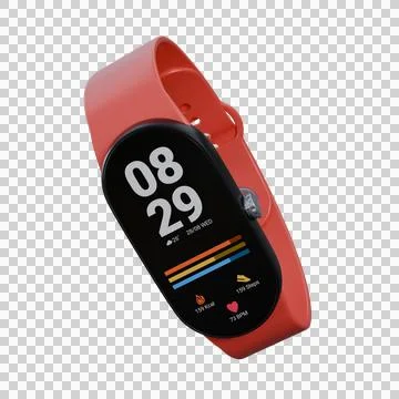 A realistic 3D render of a red smartwatch designed for fitness and exercise. Stock Illustration