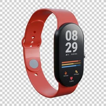 A realistic 3D render of a red smartwatch designed for fitness and exercise. Illustration