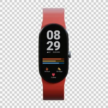 A realistic 3D render of a red smartwatch designed for fitness and exercise. Illustration