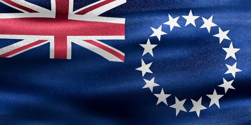 Realistic 3D render of waving Cook Islands flag with fabric texture - great for Stock Illustration