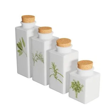Realistic 3D render of white storage bottles adorned with plant designs Foto stock