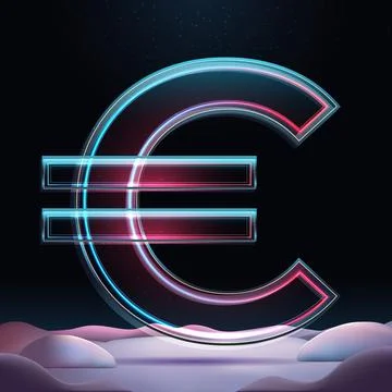 Realistic 3D rendering big glass Euro sign. European currency with neon glow and Stock Illustration