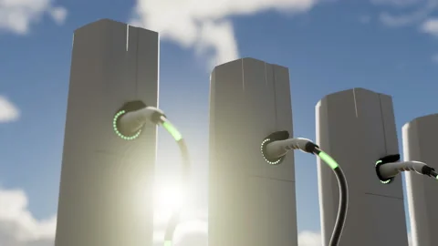 Realistic 3d rendering of Charging at electric charge station. Stockbeeldmateriaal 231204293