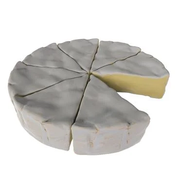 Realistic 3D rendering of a cheese wheel cut into slices Stock Photos