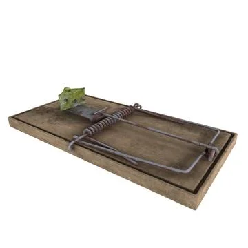 Realistic 3D rendering of a classic mouse trap on a wooden base Stock Photos