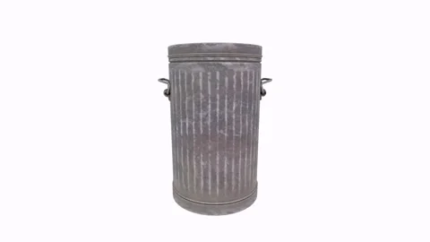 Realistic 3D rendering of a rusty garbage bin in an urban environment Stockbeeldmateriaal 303594863