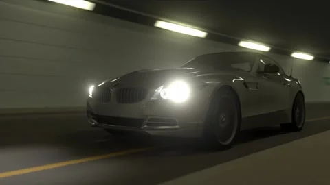 Realistic 3D rendering of sport car driving fast high speed on road tunnel Stock Footage