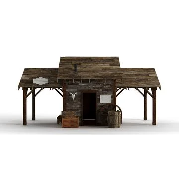 Realistic 3D rendering of a western barn with a barrel Stock Illustration