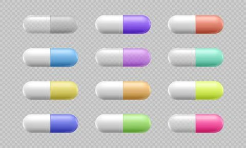 Realistic 3d set of different colorful medicine capsule pills. Medical pharmacy Illustrazione stock