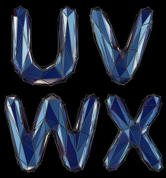 Realistic 3D set of letters U, V, W, X made of low poly style. Collection Stock Illustration