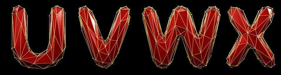 Realistic 3D set of letters U, V, W, X made of low poly style. Collection Stock Illustration