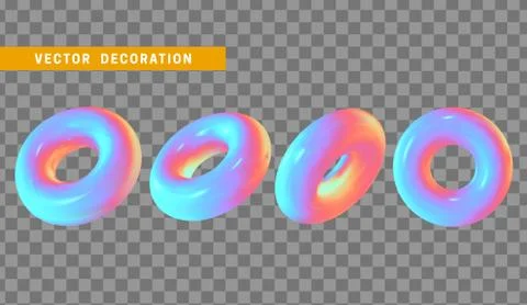 Realistic 3d shape torus, donut objects with gradient holographic color of ho 库存插图