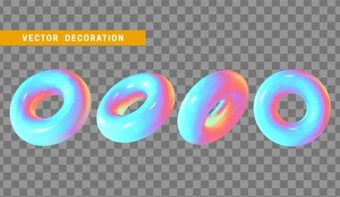 Realistic 3d shape torus, donut objects with gradient holographic color of ho 스톡 일러스트
