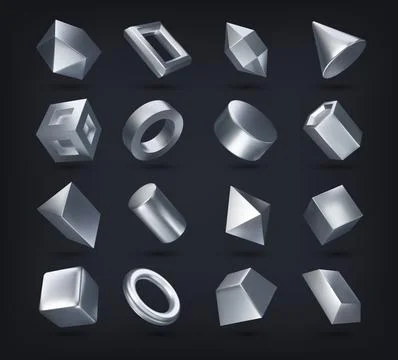 Realistic 3d silver math geometric shapes set Stock Illustration