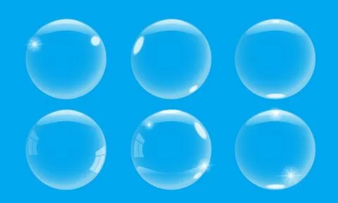 Realistic 3d soap bubble with on blue background. Vector Soap Bubble set Stock Illustration