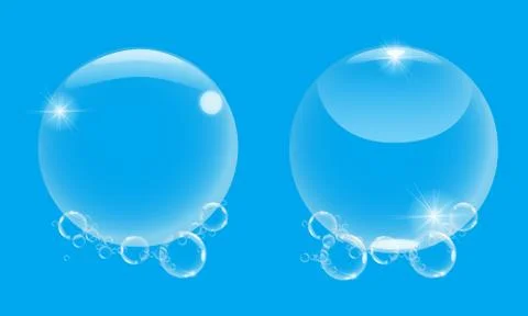 Realistic 3d soap bubble with on blue background. Vector Soap Bubble set 스톡 일러스트