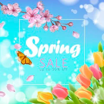 Realistic 3d spring sale script lettering web banner template. Color pink sakura Stock-Illustration